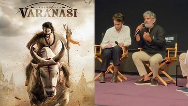 SS Rajamouli and Mahesh Babu at a promotional event in Varanasi for the film Varanasi.