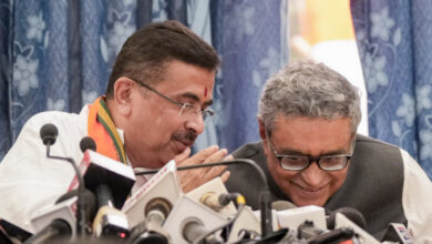 West Bengal Chief Minister Suvendu Adhikari and State Finance Minister Swapan Dasgupta during a press conference after the presentation of the first Budget of the BJP government in the West Benga