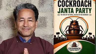 Man smiling with hands in prayer pose next to Cockroach Janta Party poster.