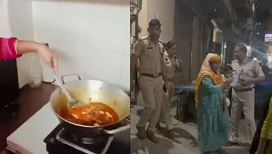 Spicy curry being cooked in a pan on a stove; police officers and a woman in traditional attire talking o.