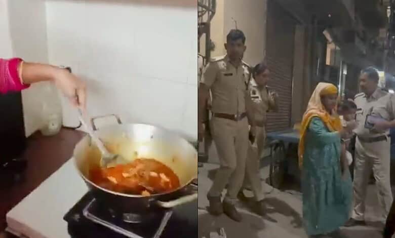 Spicy curry being cooked in a pan on a stove; police officers and a woman in traditional attire talking o.