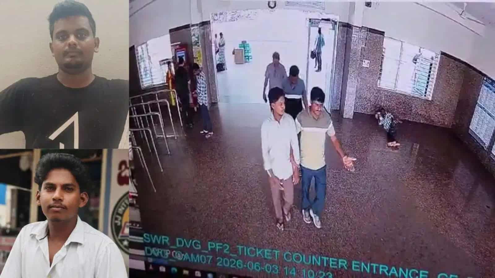 A man standing at the ticket counter entrance of a public building, with other people walking in and out.