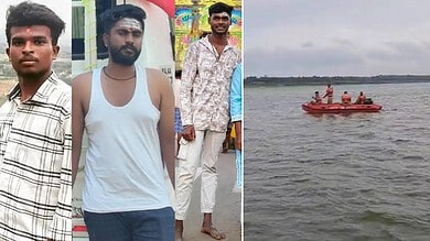 Young men standing outdoors and a boat with people on a river under cloudy sky.