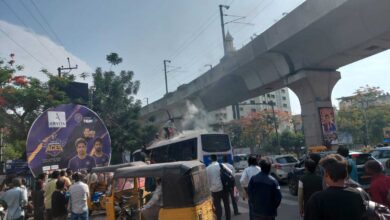 Bus catches fire at Nampally in Hyderabad
