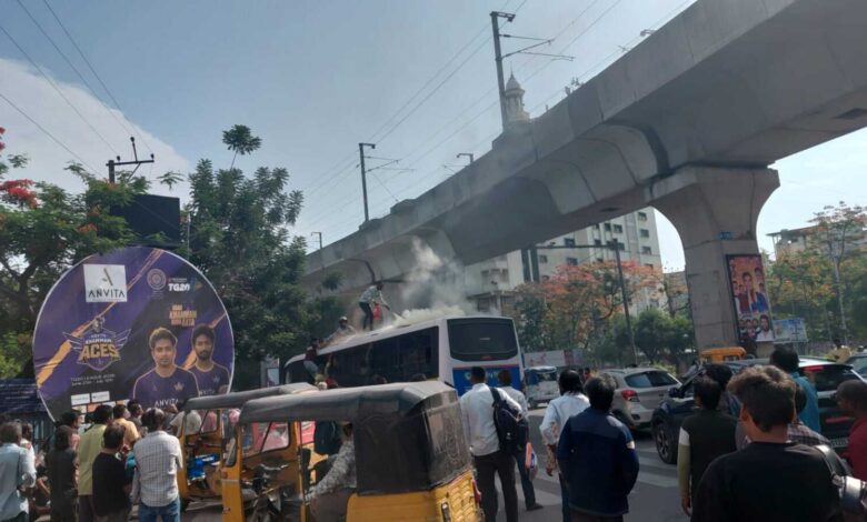Bus catches fire at Nampally in Hyderabad