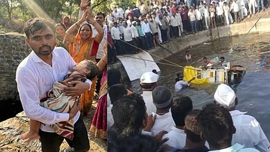 Rescue operation at a well with a crowd gathered, showing a vehicle partially submerged in water.