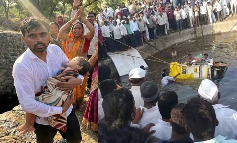 Rescue operation at a well with a crowd gathered, showing a vehicle partially submerged in water.