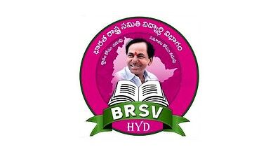 BRSV leader's logo with a smiling man, book, and pink background, related to Hyderabad politics.