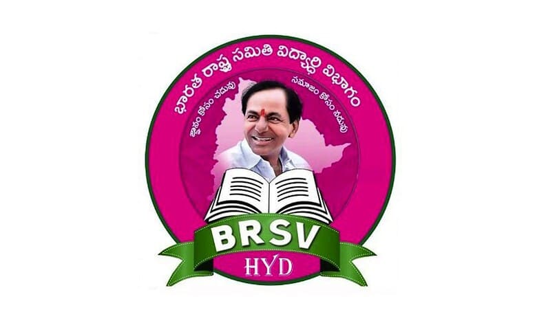 BRSV leader's logo with a smiling man, book, and pink background, related to Hyderabad politics.