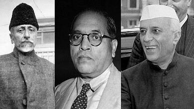 Black and white photo of Nehru, Azad, and Ambedkar, key figures in Indian history.