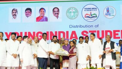 Telangana CM Revanth Reddy during the handing over of Young India kits at LB stadium in Hyderabad along with other officials.