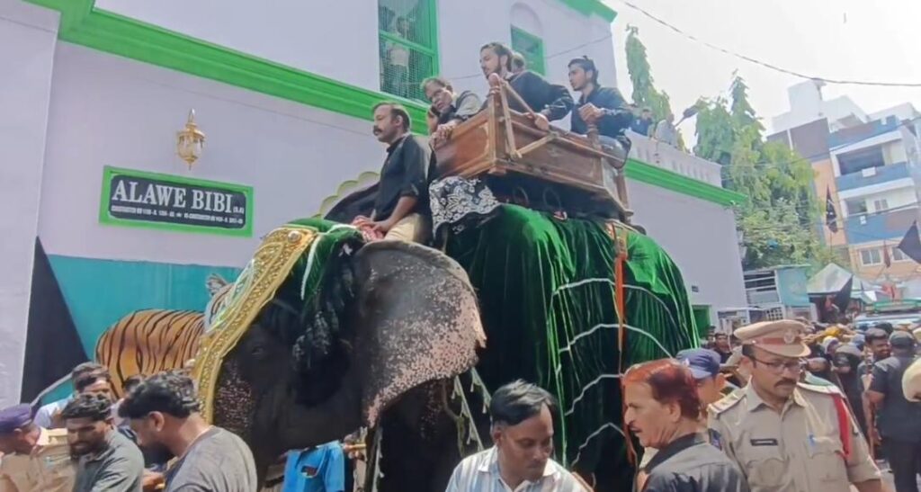 Elephants decorated for a procession with people riding and walking alongside in a busy street.
