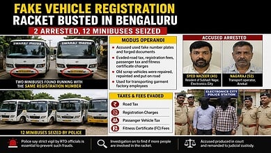 Bengaluru police seize 12 minibuses in fake vehicle registration racket bust.