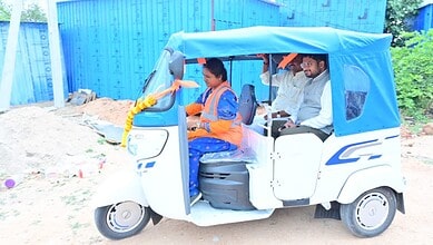 Women riding electric rickshaw in Gadwal, Telangana, for women's mobility initiative.