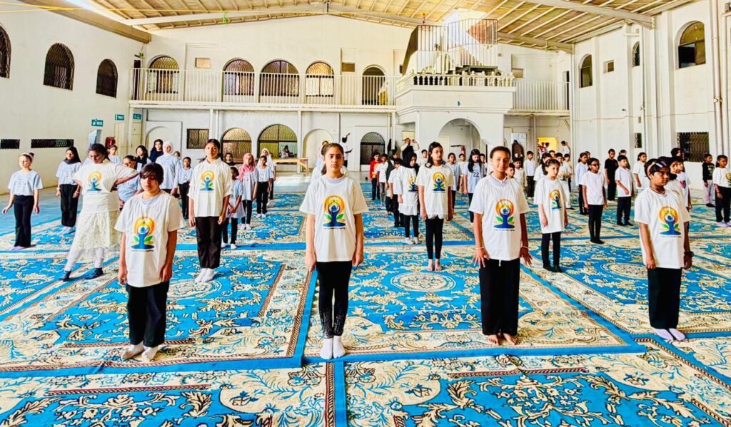 Students participate in a yoga session at Lana Advanced International Indian School in Abha.