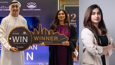 Indian woman wins free Dubai apartment after shopping, celebrating her victory at the event.