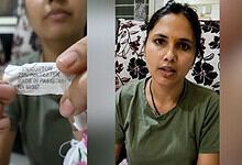 Woman holding a torn medical mask, explaining health concerns in an interview setting.