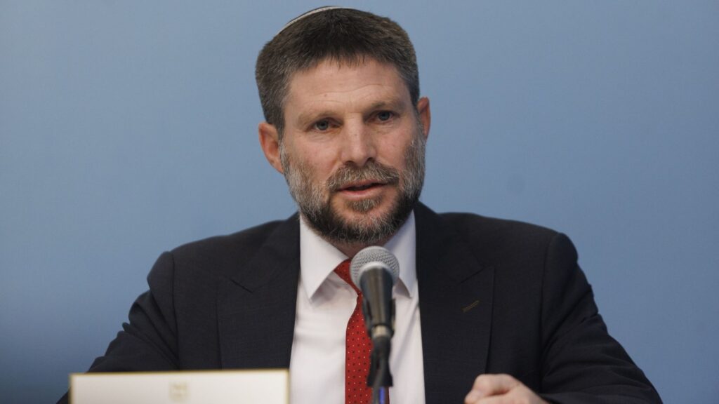 Israeli Finance Minister Bezalel Smotrich speaks during a press conference.