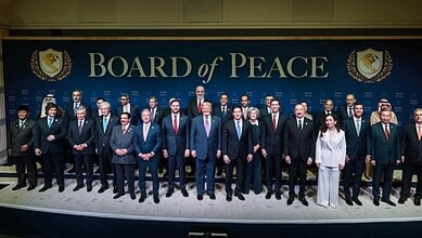 Group photograph of members of the Board of Peace at the launch event for Gaza's post-war governance initiative.
