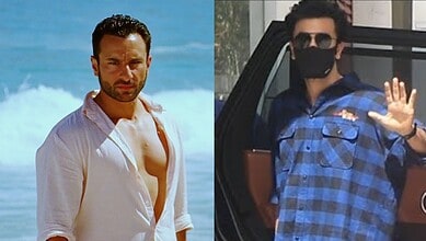 Two male actors, one at the beach and the other in a car, both wearing stylish outfits and sunglasses.