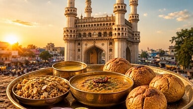 Traditional Rajasthani Dal Baati Churma with a historic monument in the background at sunset.