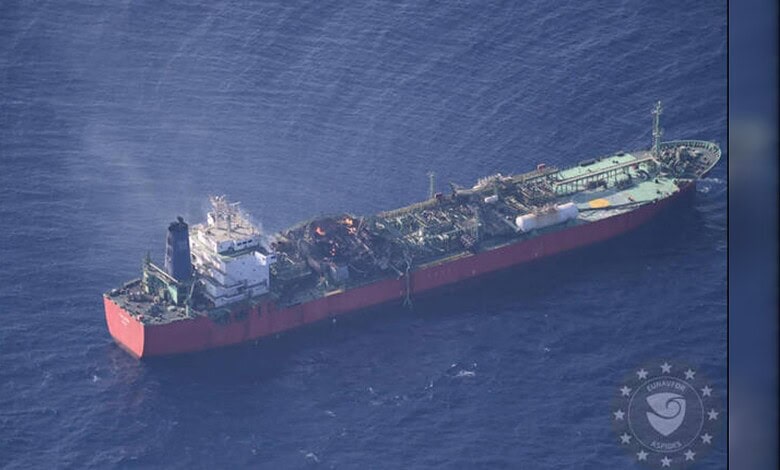 Representative image of a damaged tanker vessel in the Gulf of Aden off Yemen's coast.