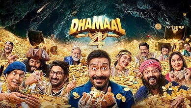 Luxurious celebration scene from Dhamaka 4 movie with actors surrounded by gold coins and treasure.