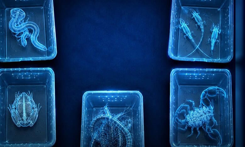 Bioluminescent marine animals displayed in glass tanks, showcasing diverse deep-sea species like jellyfis.