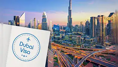 Dubai skyline with Burj Khalifa and highways during sunset, showcasing modern architecture and cityscape.