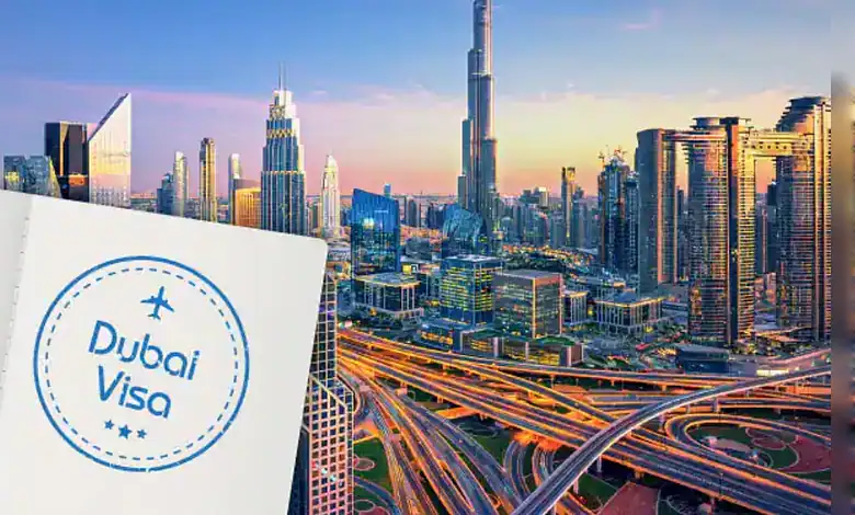 Dubai skyline with Burj Khalifa and highways during sunset, showcasing modern architecture and cityscape.