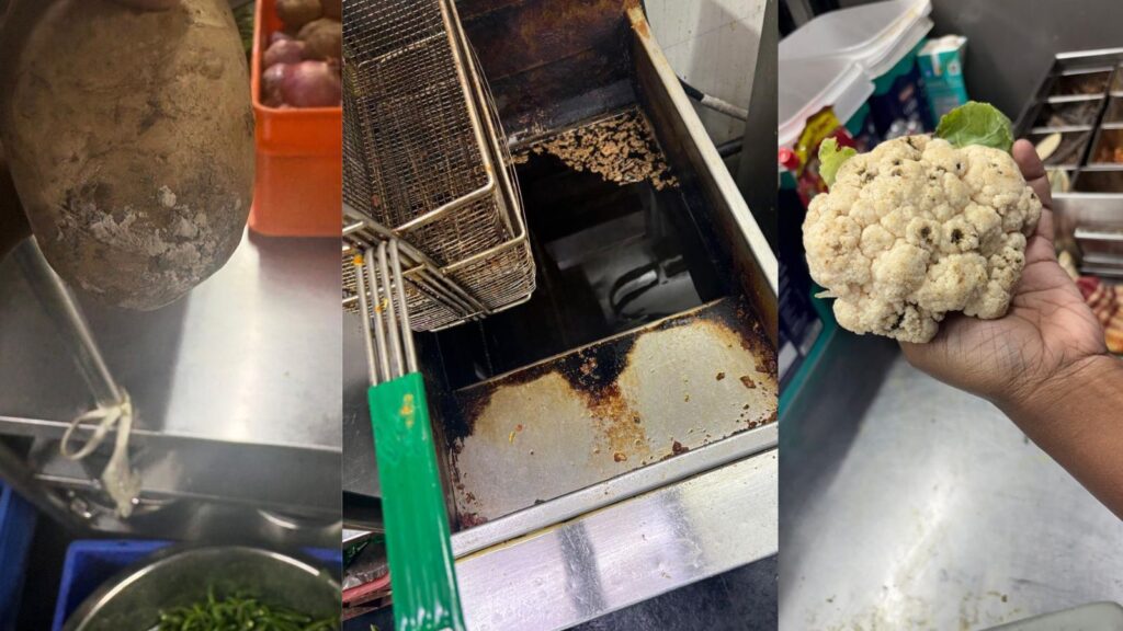 Dirty kitchen with roach infestation and lizard droppings at La Pino'z, Hyderabad.