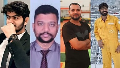 Collage of four Indian seafarers — Aditya Sharma, Shivanand Chaurasiya, Patnala Suresh and Nishanth Uirthanathan — who died in separate incidents off Oman.