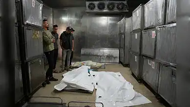 People observe bodies in a hospital freezer in Gaza amid conflict.