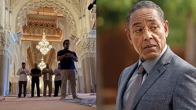 Composite image showing actor Giancarlo Esposito and a scene of people praying inside a mosque in Saudi Arabia.