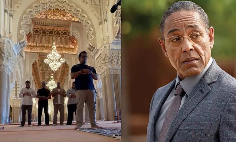Composite image showing actor Giancarlo Esposito and a scene of people praying inside a mosque in Saudi Arabia.