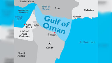 Map showing the Gulf of Oman and Strait of Hormuz near Oman and the UAE.