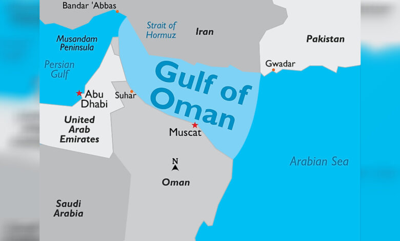 Map showing the Gulf of Oman and Strait of Hormuz near Oman and the UAE.