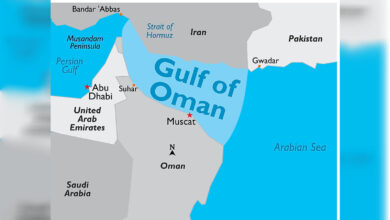 Map showing the Gulf of Oman and Strait of Hormuz near Oman and the UAE.