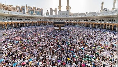 A large gathering of Haj pilgrims surrounds the Kaaba at the Grand Mosque in Makkah.