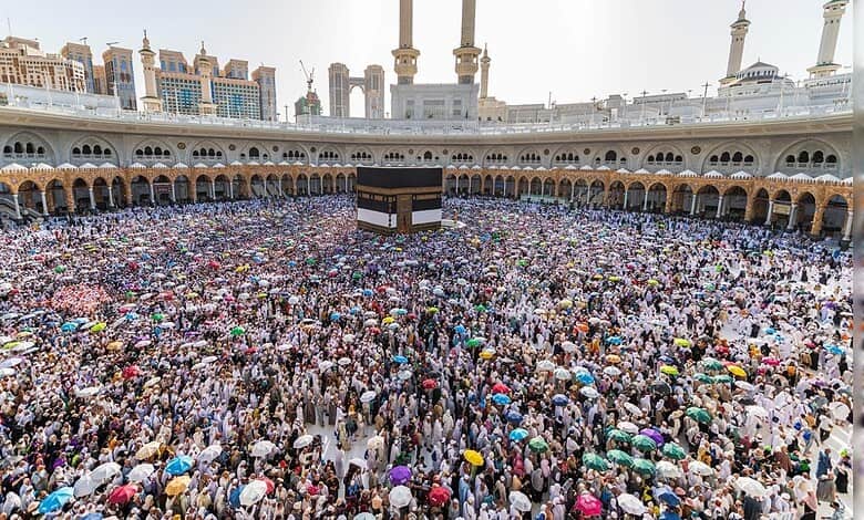 A large gathering of Haj pilgrims surrounds the Kaaba at the Grand Mosque in Makkah.