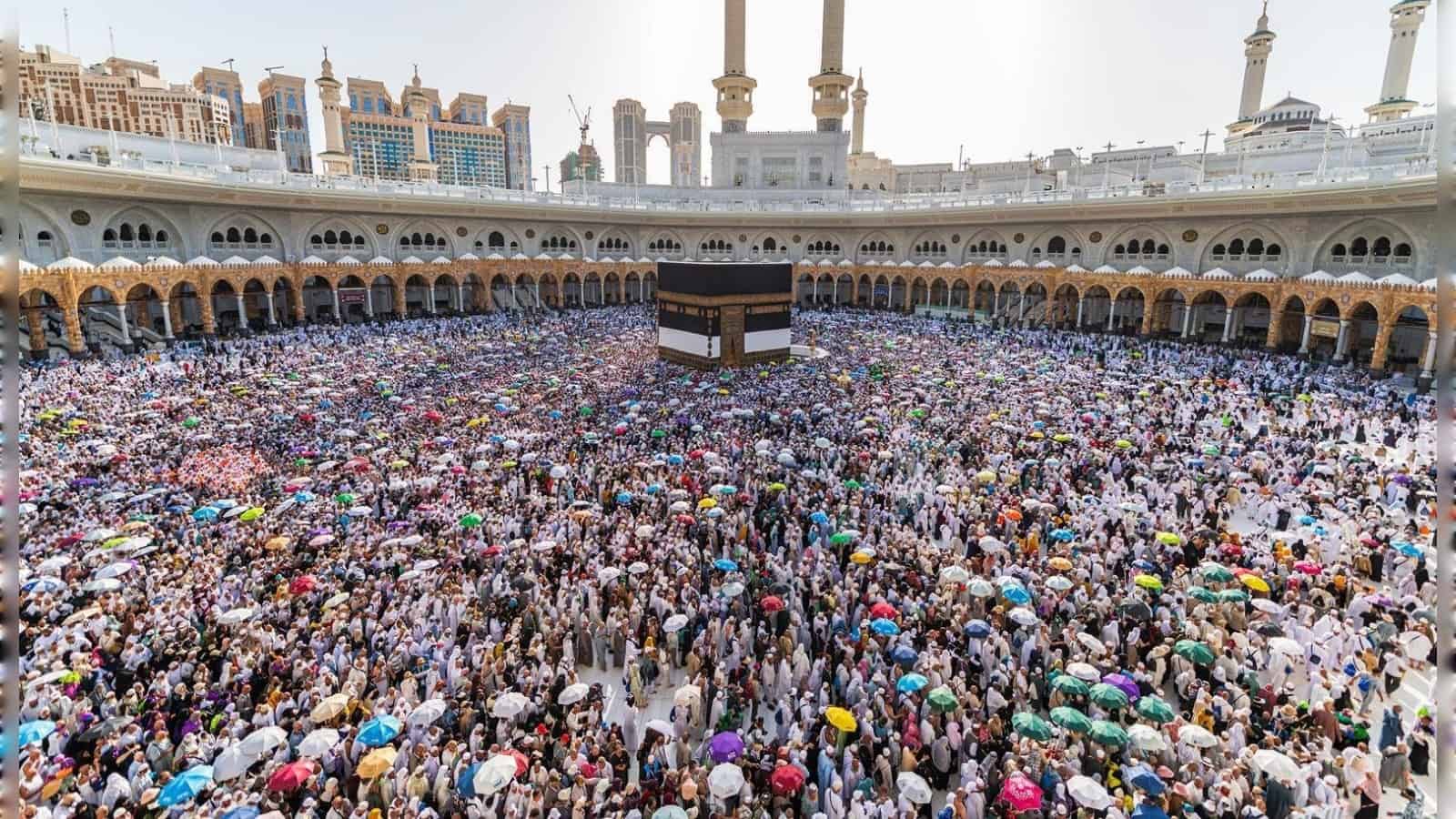A large gathering of Haj pilgrims surrounds the Kaaba at the Grand Mosque in Makkah.