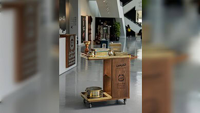 The complete toolkit designed for the annual washing of the Holy Kaaba displayed on a customised service cart.