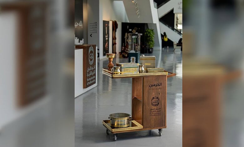 The complete toolkit designed for the annual washing of the Holy Kaaba displayed on a customised service cart.