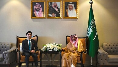 Consul General of India in Jeddah Fahad Ahmed Khan Suri meets Ibrahim bin Saeed Al-Subhi at the Saudi Foreign Ministry's Madinah Branch.
