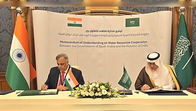 India and Saudi Arabia officials sign water resource cooperation MoU at formal event.