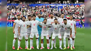 Iran's national football team pose for a group photograph before their 2026 World Cup Group G match against New Zealand in Los Angeles.