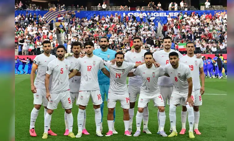 Iran's national football team pose for a group photograph before their 2026 World Cup Group G match against New Zealand in Los Angeles.