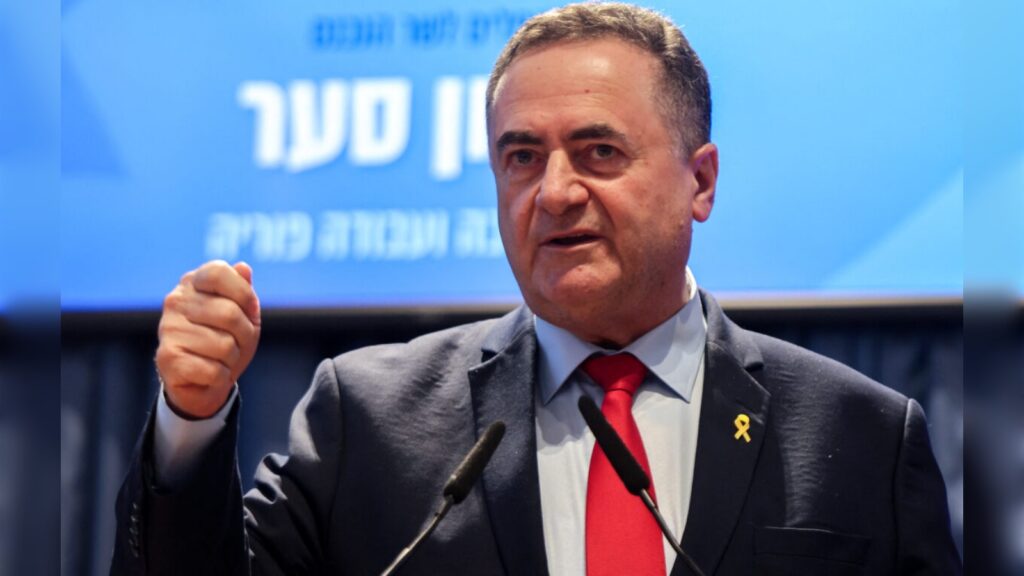 Israeli Defence Minister Israel Katz speaks during a public address.