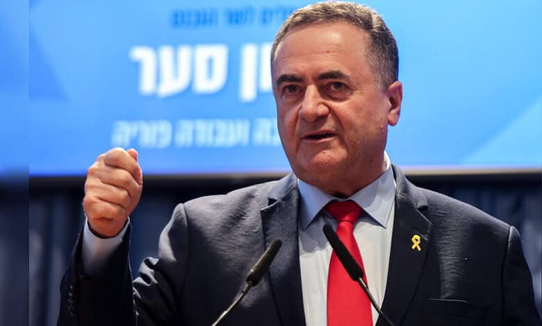 Israeli Defence Minister Israel Katz speaks during a public address.