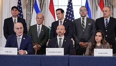 Leaders from Israel, the US, Lebanon, and other nations at the signing event.